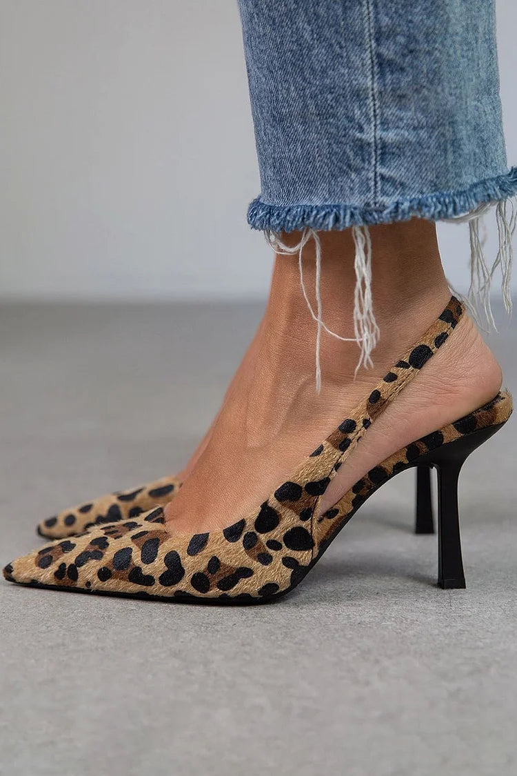 MARIA | POINTED TOE LEOPARD PRINT SLINGBACK KHAKI STILETTO HEELS