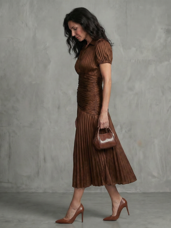 THEODORA | PLEATED WAISTLINE STRIPE MIDI DRESS