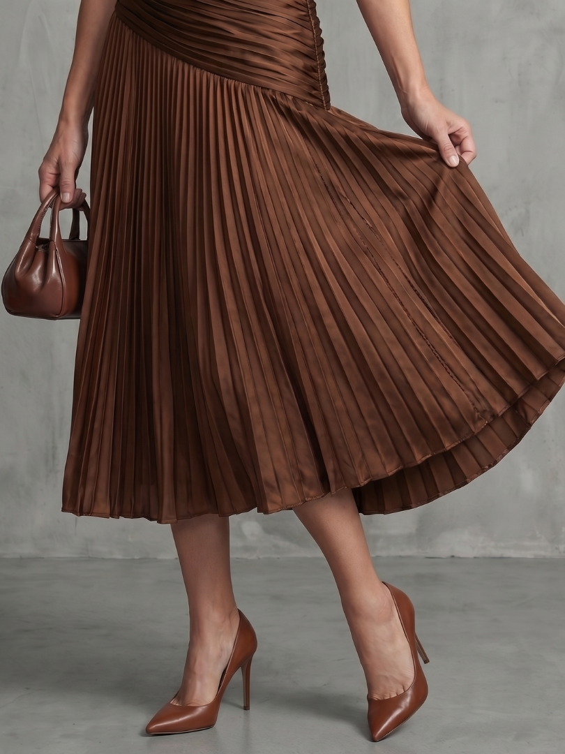 THEODORA | PLEATED WAISTLINE STRIPE MIDI DRESS