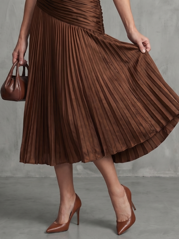 THEODORA | PLEATED WAISTLINE STRIPE MIDI DRESS