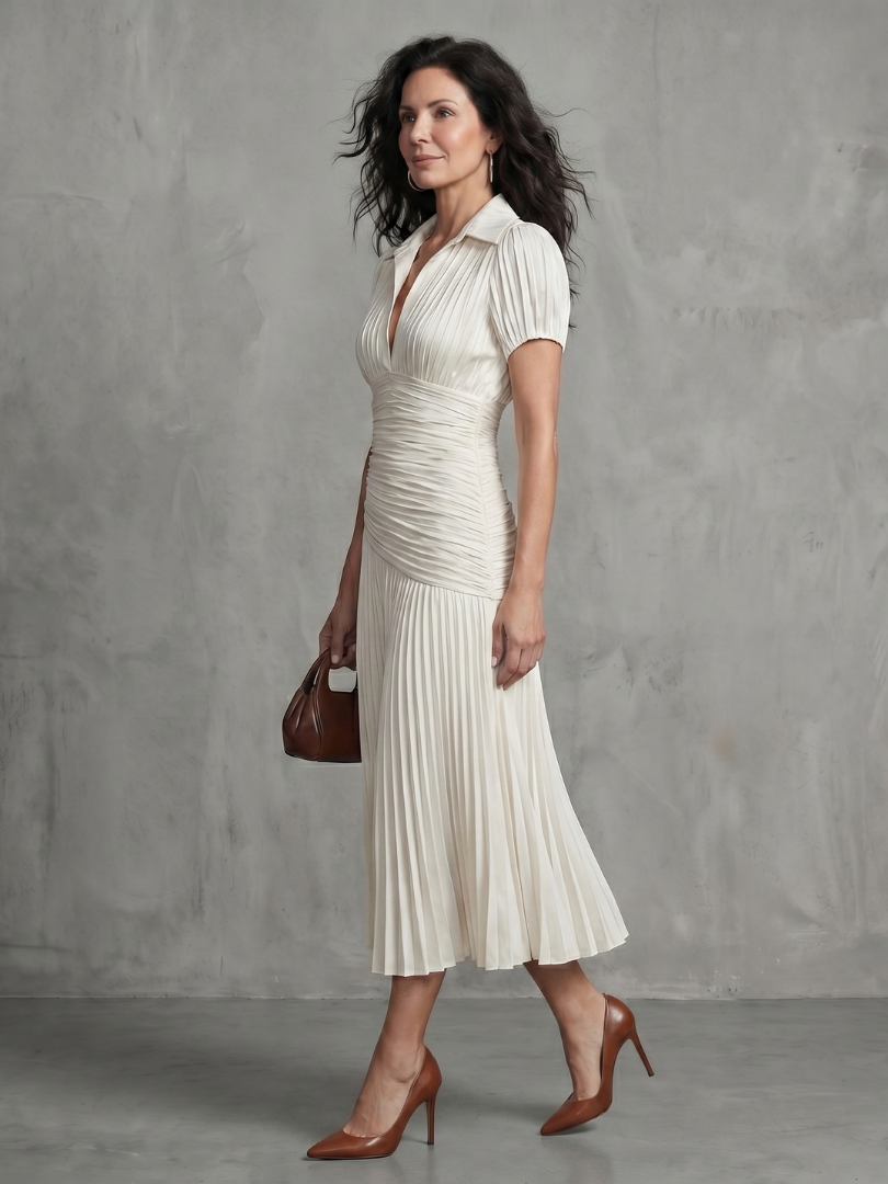 THEODORA | PLEATED WAISTLINE STRIPE MIDI DRESS