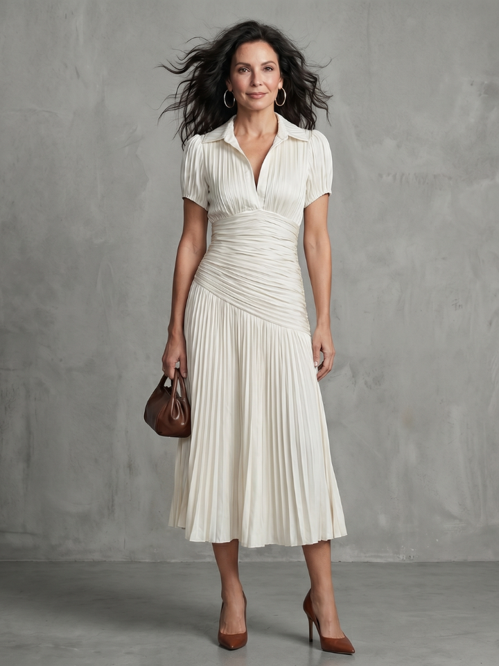 THEODORA | PLEATED WAISTLINE STRIPE MIDI DRESS