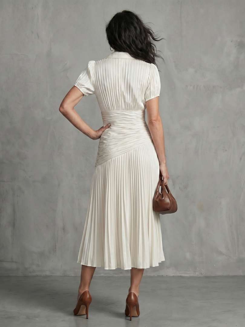 THEODORA | PLEATED WAISTLINE STRIPE MIDI DRESS