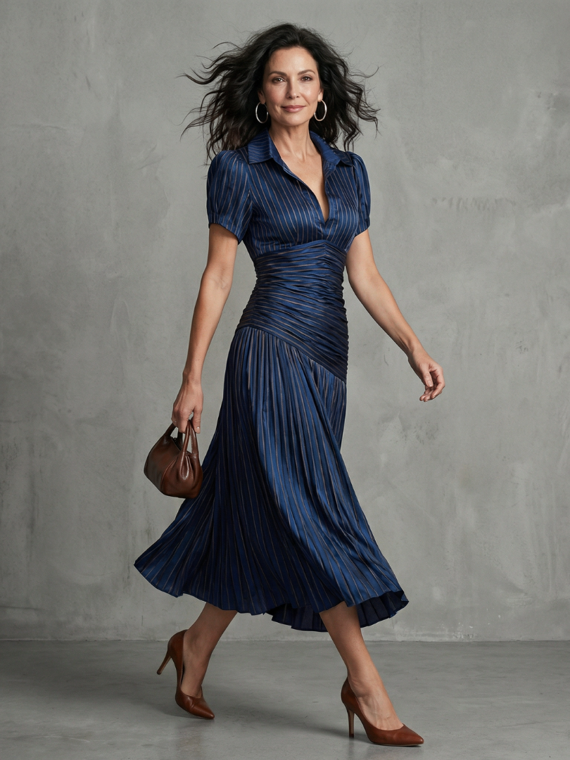 THEODORA | PLEATED WAISTLINE STRIPE MIDI DRESS