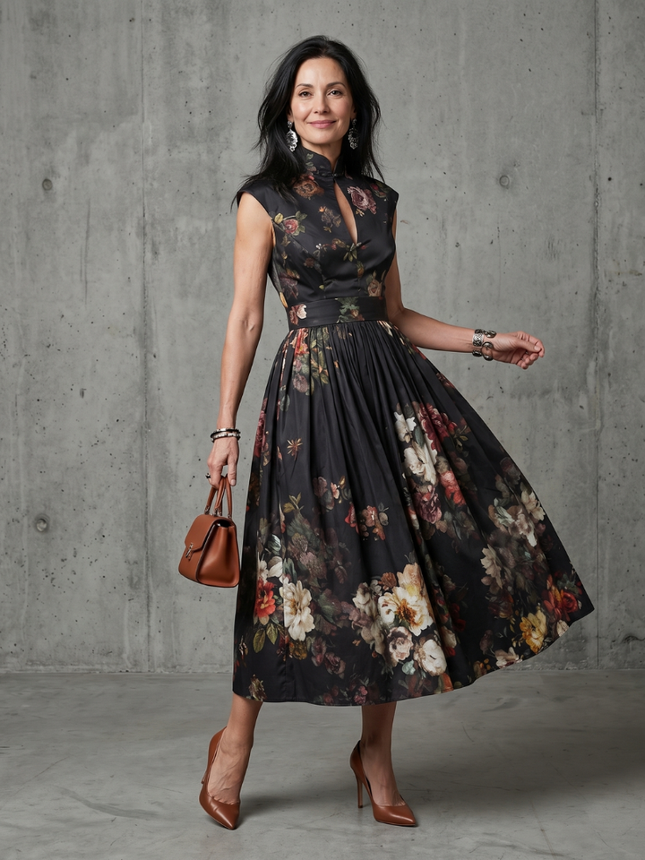 GRETA | HIGH NECK KEYHOLE FLORAL PLEATED MIDI DRESS