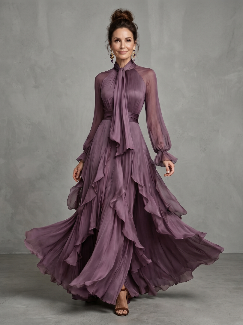 DEMETRIA | TIE NECK RUFFLE TIERED MAXI DRESS