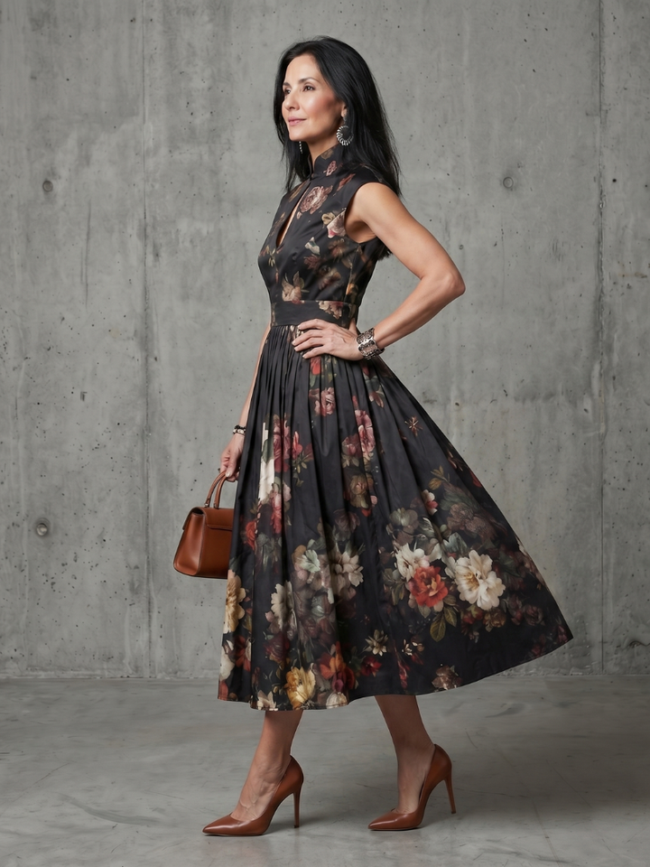 GRETA | HIGH NECK KEYHOLE FLORAL PLEATED MIDI DRESS