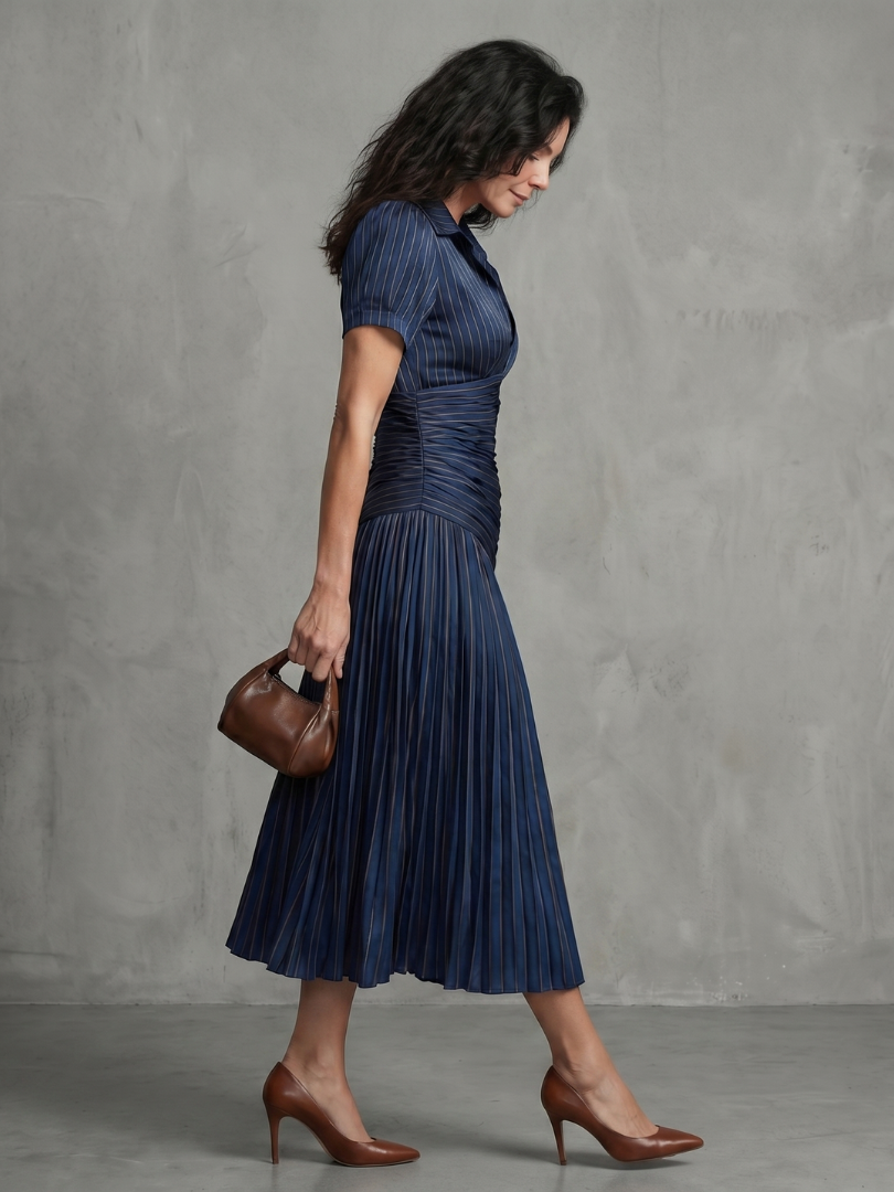 THEODORA | PLEATED WAISTLINE STRIPE MIDI DRESS