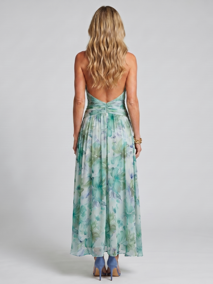 PORTIA | PLEATED HALTER SOFT FLORAL PATTERN MIDI DRESS