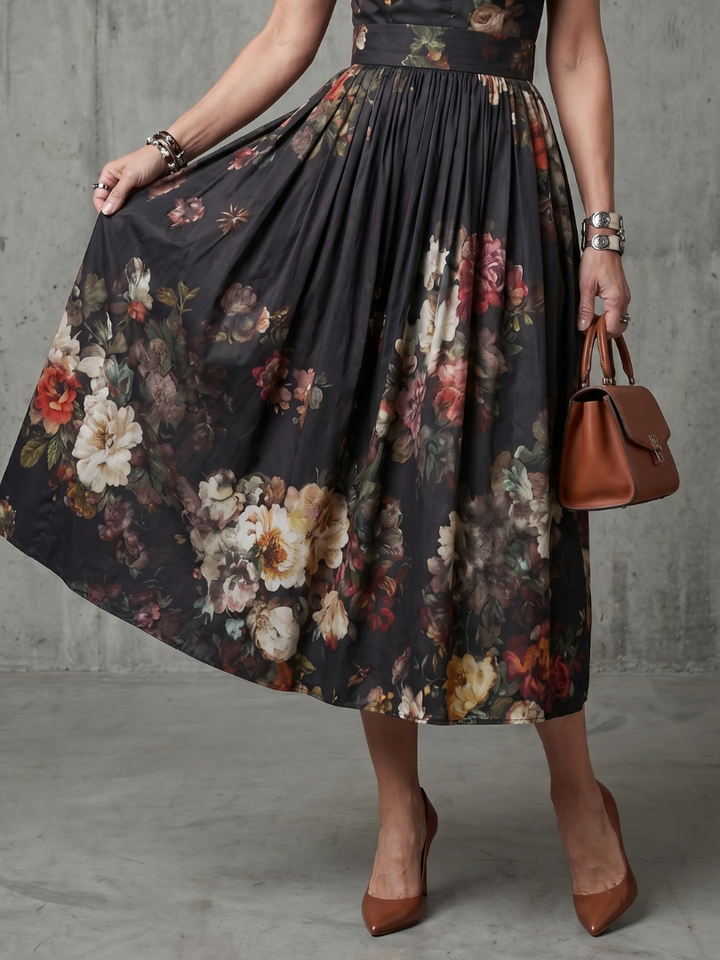 GRETA | HIGH NECK KEYHOLE FLORAL PLEATED MIDI DRESS