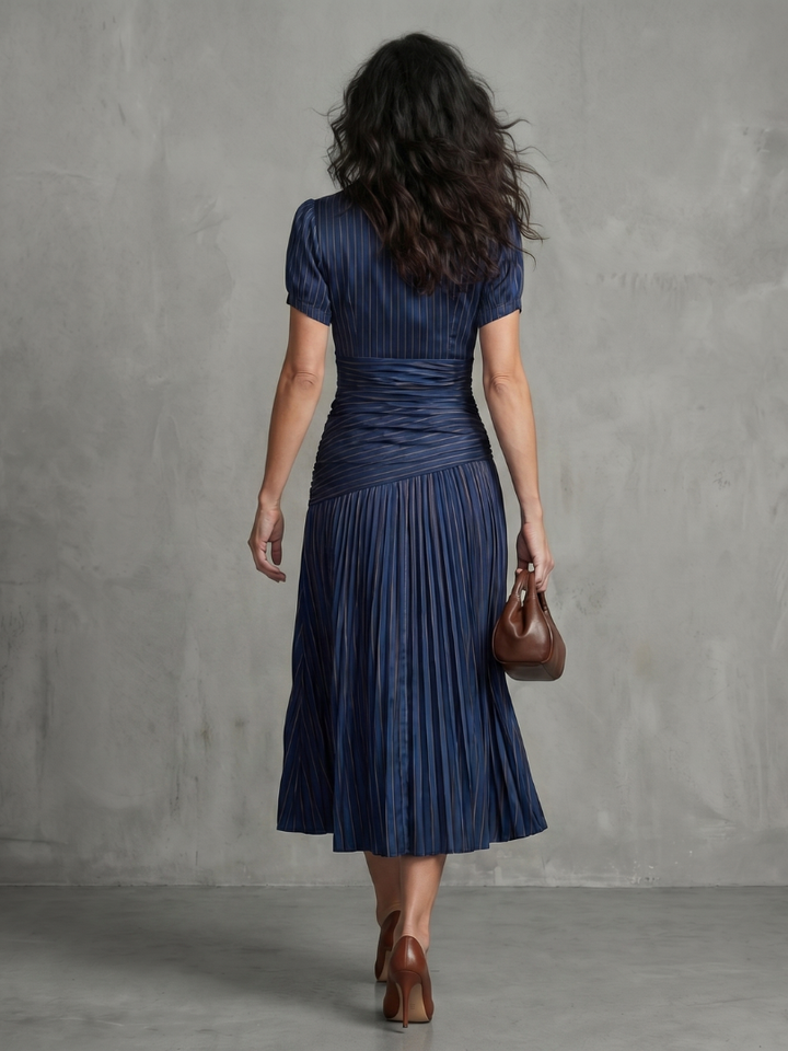 THEODORA | PLEATED WAISTLINE STRIPE MIDI DRESS