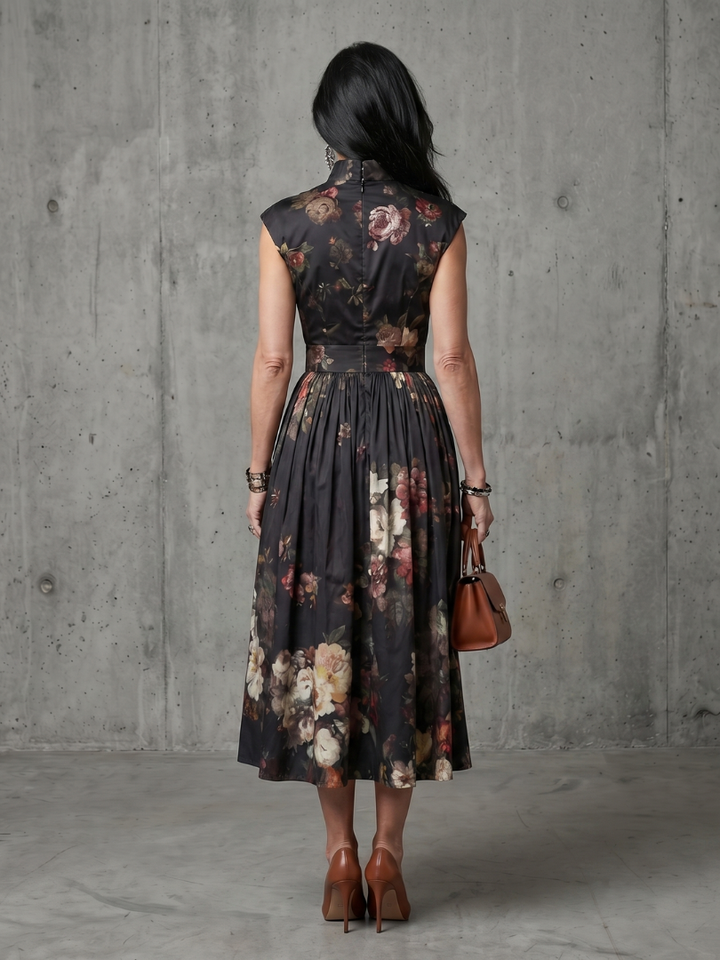 GRETA | HIGH NECK KEYHOLE FLORAL PLEATED MIDI DRESS
