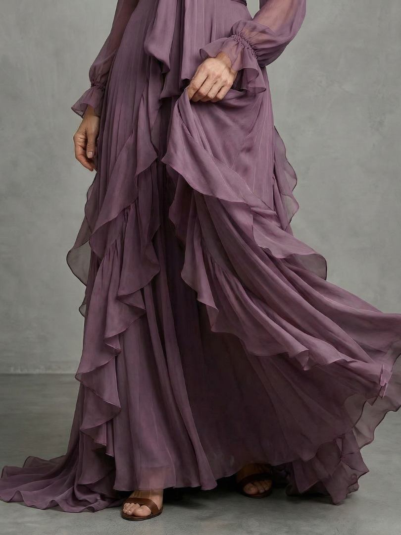 DEMETRIA | TIE NECK RUFFLE TIERED MAXI DRESS