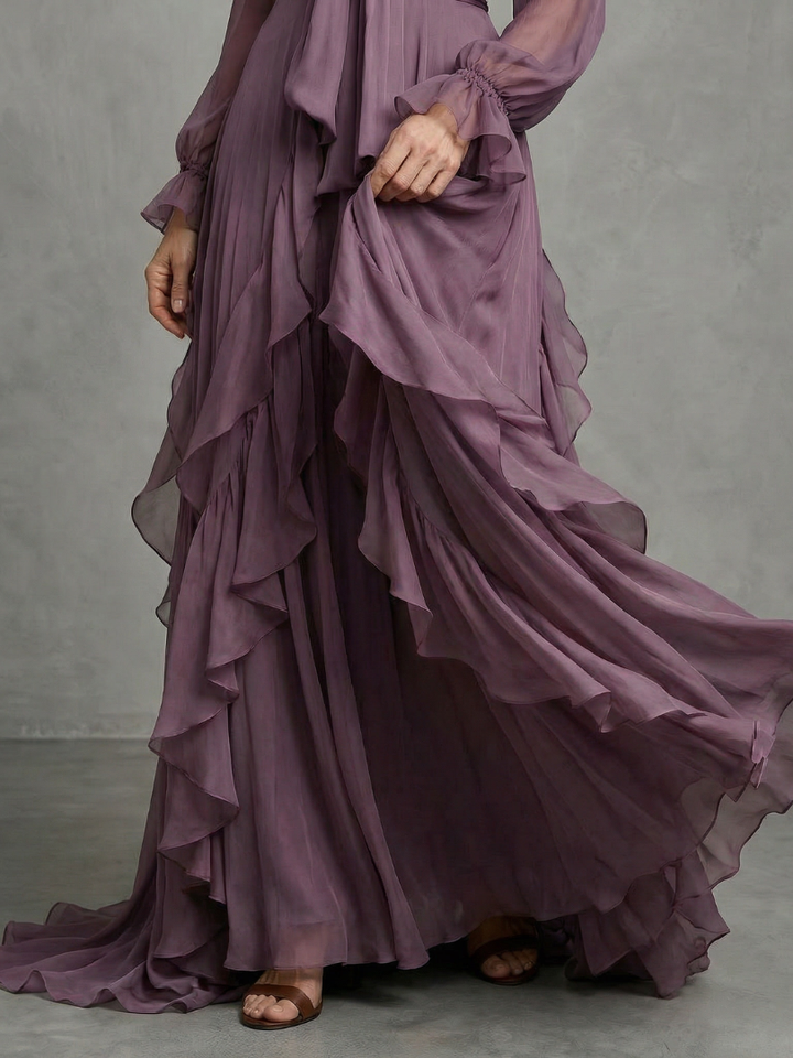 DEMETRIA | TIE NECK RUFFLE TIERED MAXI DRESS