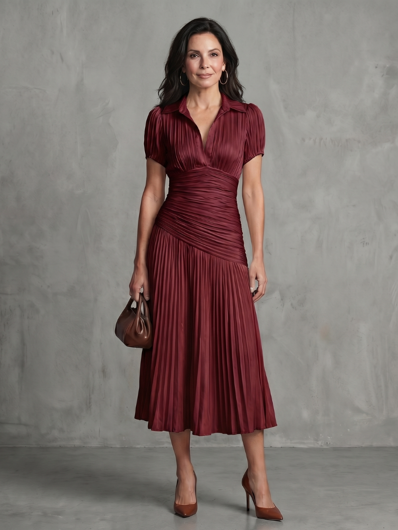 THEODORA | PLEATED WAISTLINE STRIPE MIDI DRESS
