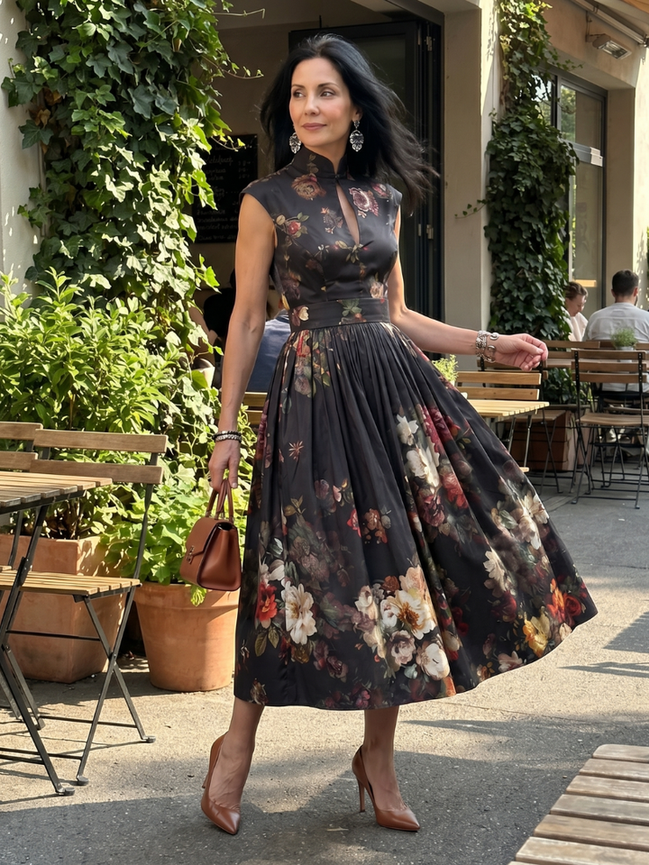 GRETA | HIGH NECK KEYHOLE FLORAL PLEATED MIDI DRESS