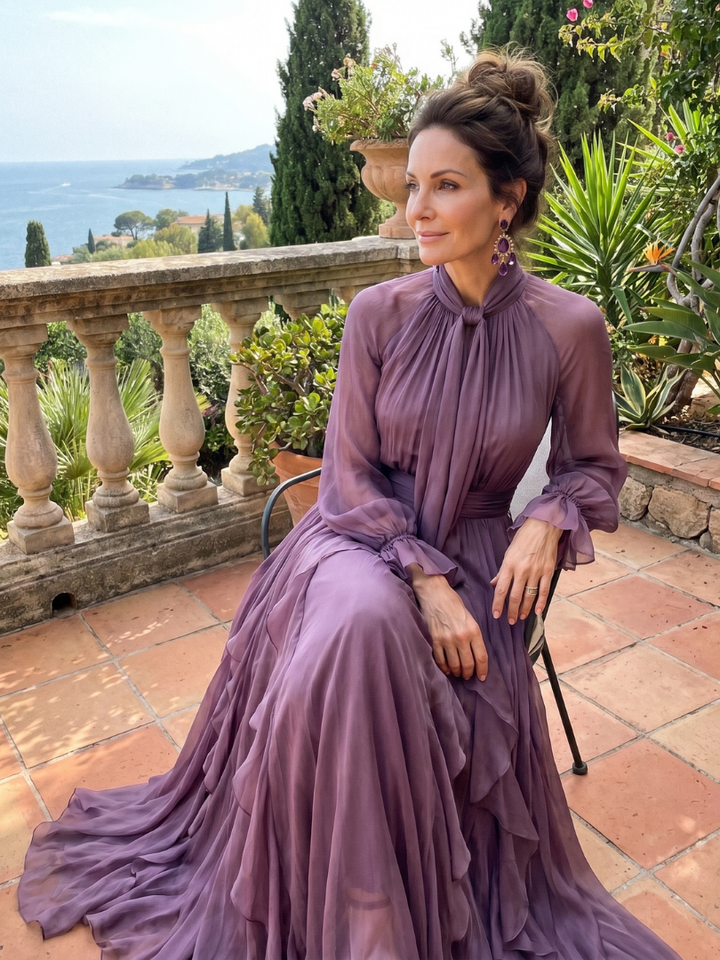 DEMETRIA | TIE NECK RUFFLE TIERED MAXI DRESS