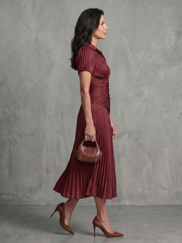 THEODORA | PLEATED WAISTLINE STRIPE MIDI DRESS