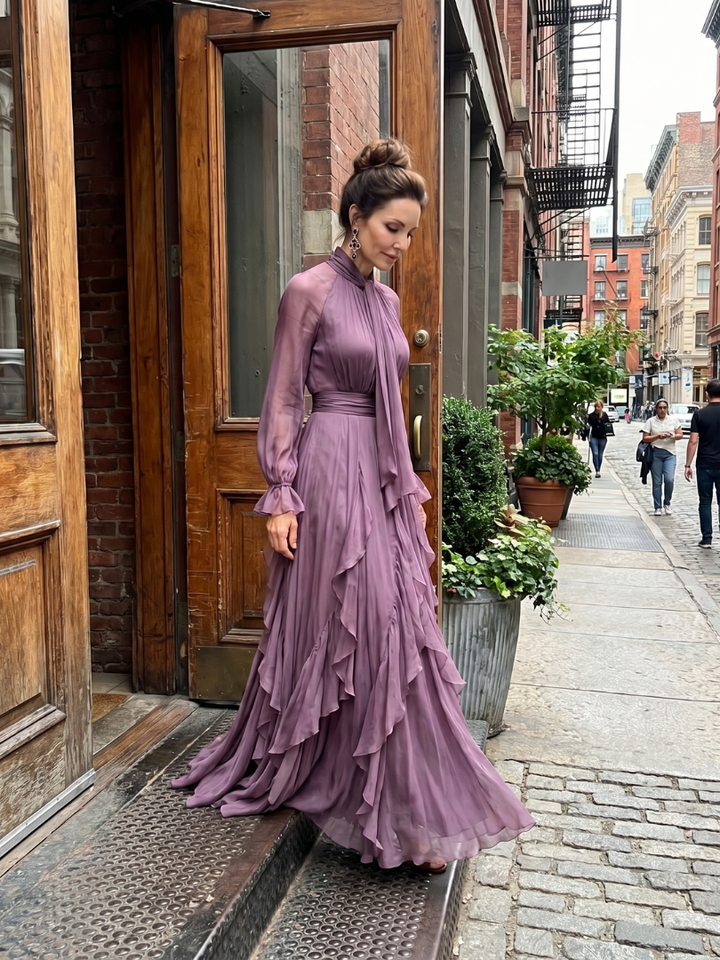 DEMETRIA | TIE NECK RUFFLE TIERED MAXI DRESS